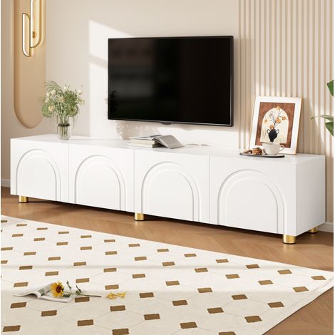 Mobile porta TV con 4 ante ad arco, contenitore per soggiorno, in MDF e truciolato, 180x35x40 cm, bianco