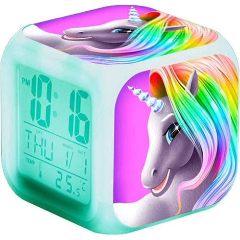 Réveil numérique licorne, cube LED LCD 7 couleurs changeantes avec lumières, réveil enfant, cadeau d'anniversaire pour fille, garçon, femme ou adulte