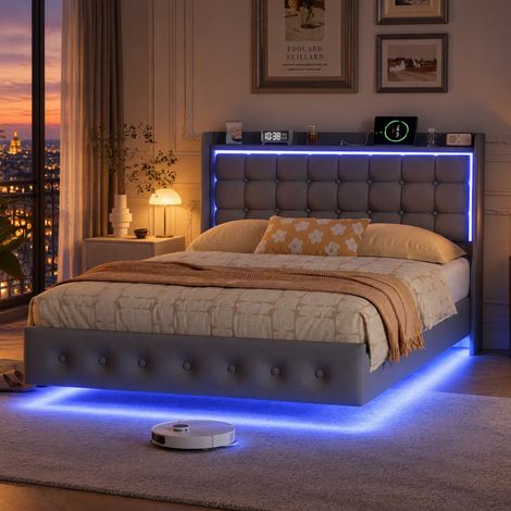 JOOKGBD-Letto matrimoniale fluttuante imbottito 160x200 cm,Letto per adolescente,Illuminazione LED,Porta USB,Testiera imbottita con vano portaoggetti,Rete a doghe in legno,Velluto,Grigio scuro (1/5)