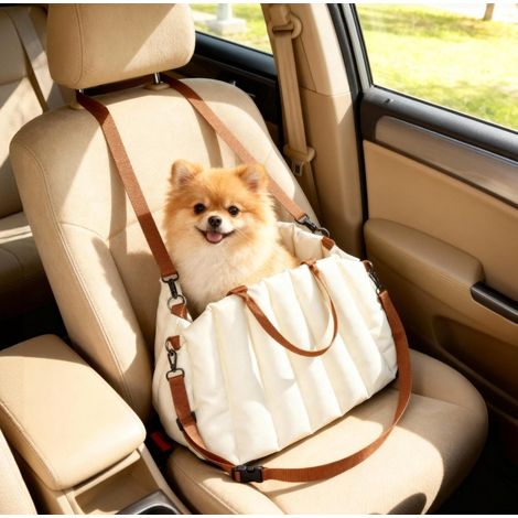 Siège auto pour chien 50x30x31 cm en coton blanc crème avec harnais, pour petits chiens – MEUBLIV (1/5)