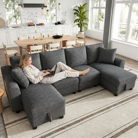 Canapé d'angle moderne en chenille, deux places, avec deux méridiennes et deux coussins. Les méridiennes sont dotées d'un espace de rangement pliable. Canapé modulable multifonctionnel, gris, 280 × 13 (1/5)