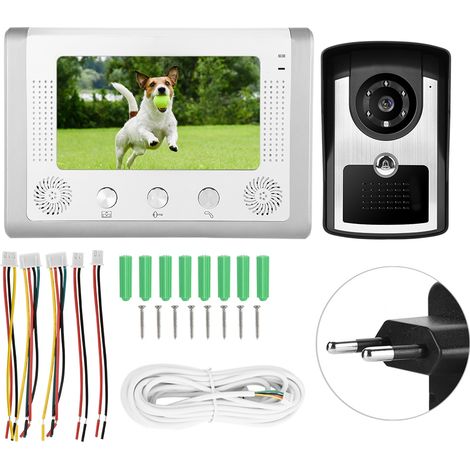 Sonnette vidéo filaire étanche 7 pouces, interphone de porte avec caméra IR, écran moniteur 110-240V prise UE (1/5)