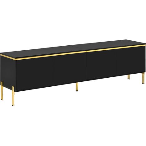 Mobile TV moderno lucido nero con 4 ante, passacavi e dettagli oro, 170 x 38 x 50 cm (1/5)