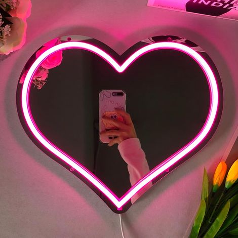 Enseigne néon en forme de cœur avec variateur — Design miroir en forme de cœur rose, décoration murale alimentée par USB parfait pour les chambres, les fêtes et les studios (1/5)