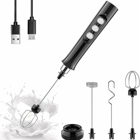 Elektrischer Milchaufschäumer, Handgerät, 3-in-1, per USB wiederaufladbarer Schneebesen, 3 Geschwindigkeiten einstellbar, mit 3 Rührköpfen aus Edelstahl, elektrischer Schneebesen für Latte, Cappuccino (1/4)