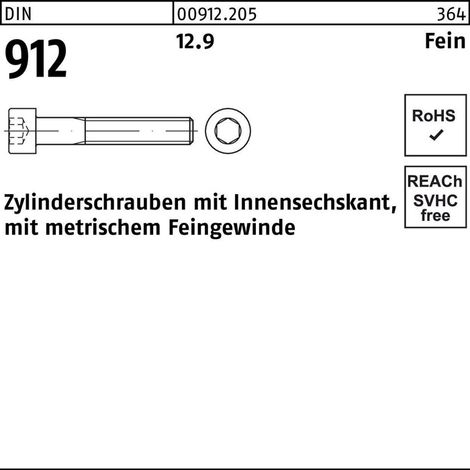 DIN 912/ISO 12474 Zylinderkopf-Schaftschraube Feingewinde M16x90 Stahl 12.9 blank Innensechskant 25 Stk (1/2)