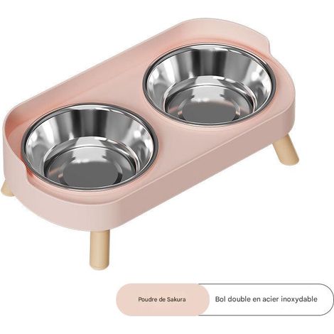 Gamelle surélevée pour chat - Acier inoxydable, double bac (32,5 × 17 × 10 cm) - Protection du cou - Rose