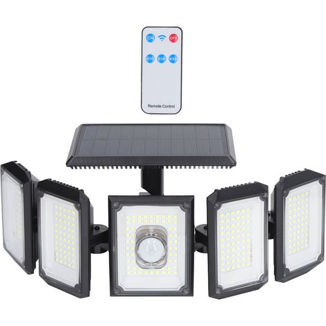 Lampe murale solaire avec détecteur de mouvement, 3 modes d'éclairage, 5 têtes rotatives, étanche, LED 6500K et télécommande. (1/5)