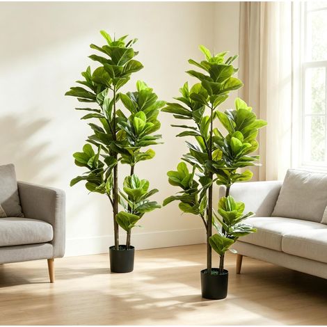 Plante artificielle intérieure figuier lyre 150 cm, lot de 2, pot en ciment vert OKMYHOME (1/5)