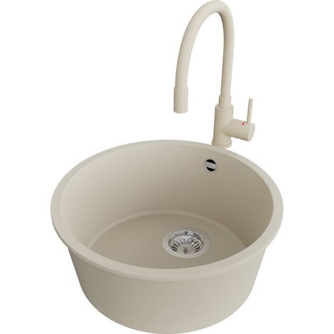 PRIMAGRAN Evier cuisine Granit Rond 46x46cm,Evier 1 bac + Robinet 38x14cm + Kit de Vidage, Lavabo Cuisine au meuble 50cm - La Valette Slim, Beige (1/5)