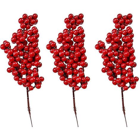 Bouquet de 3 petits fruits artificiels de Noël, imitation baies rouges (rouges)-22CM-Red