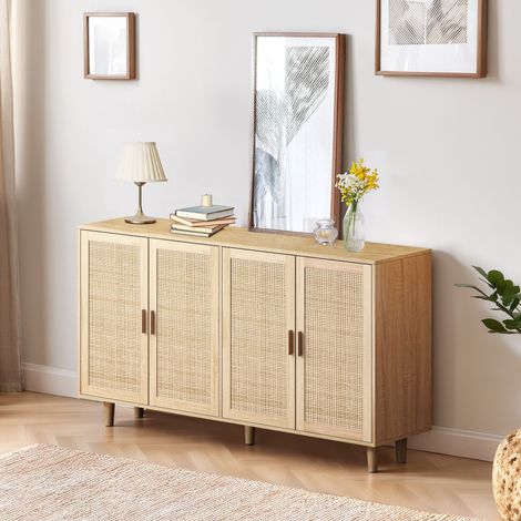 Aparador 158x40x88 cm puertas de ratán tablero de partículas y madera estante regulable natural (1/5)