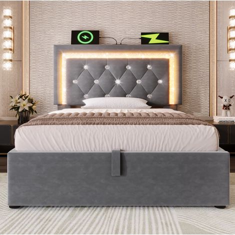 Polsterbett 90x200 cm mit LED, USB-C & USB, Bettkasten, Matratze, Grau HAVRYA (1/5)