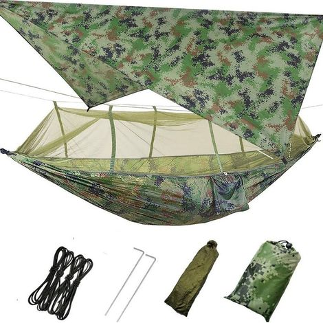 Hamac de camping individuel avec moustiquaire, hamac portable en nylon 210T avec sangles de fixation de 3 mètres, 17 boucles et mousquetons pour le camping, la randonnée, les voyages et les excursions (1/5)
