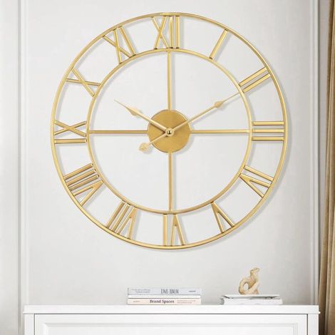 Or 40 cm horloges, Chiffres Romains Modernes Grandes horloges murales Horloge Murale silencieuse en métal Rond sans tic-tac pour Salon, Cuisine, Cham (1/5)