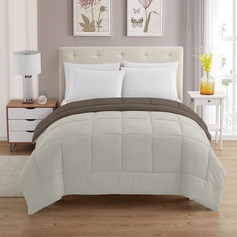 Trapunta Invernale Piumino Tinta Unita Double Face Caldo Piumone Bicolore Imbottitura Coperta Anallergica Traspirante Panna-Marrone - Singolo