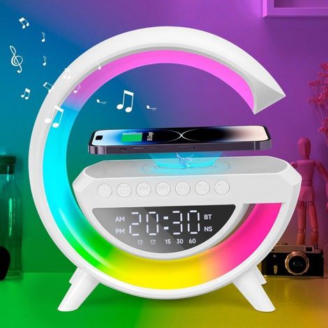 Lampe de chevet LED ACKERMAN avec chargeur sans fil 15 W, haut-parleur Bluetooth, veilleuse dimmable et réveil – Classe énergétique F (1/4)