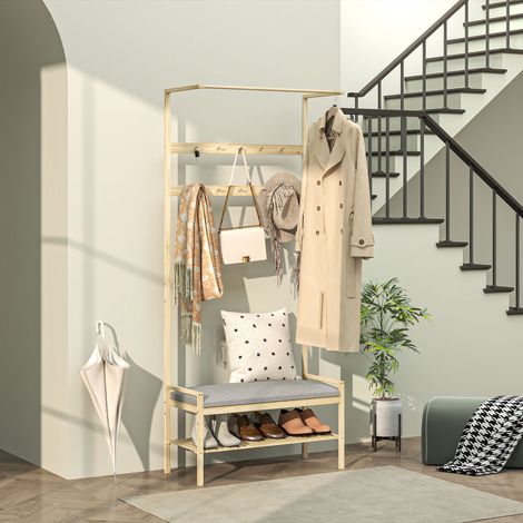 Porte-chaussures 73,5x34x171 cm Gris naturel avec crochets de banc et compartiment de rangement pour l’entrée et