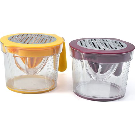 Exprimidor manual transparente de cítricos (600 ml) con separador de huevos y báscula para cocina, oficina y viajes, fabricado en acero inoxidable amarillo y plástico. (1/4)