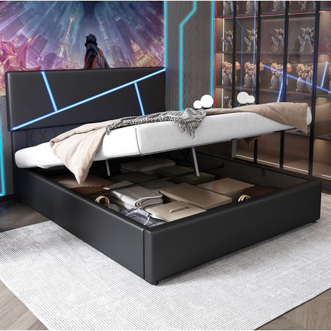lit adulte rangement LED 140x200 PU noir app musique OKMYHOME (1/5)