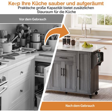 Îlot de cuisine mobile 120x45 cm, chariot de cuisine avec plan de travail extensible jusqu'à 70 cm, tiroir à couverts dissimulé, étagères réglables, porte-épices et porte-serviettes, idéal pour cuisin (1/5)