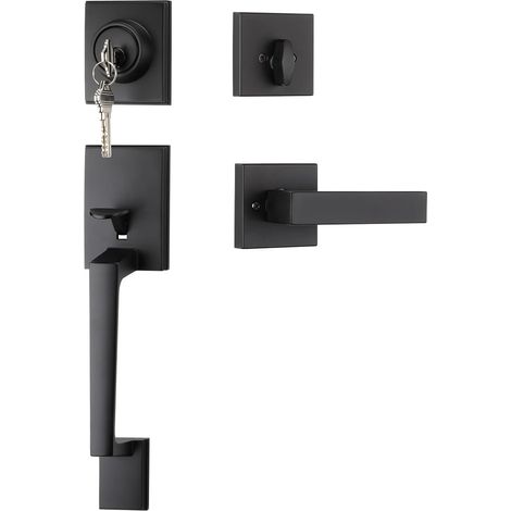 Set maniglia e catenaccio per porta anteriore nera, maniglia e catenaccio per porta d'ingresso con leva reversibile, set serratura per porta anteriore, maniglie e serrature per porte esterne (1/5)
