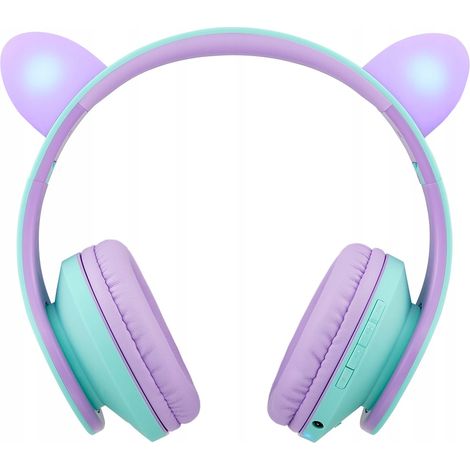 Cuffie wireless Bluetooth PowerLocus per bambini, colore verde acqua e viola, con motivo a gatto. (1/5)