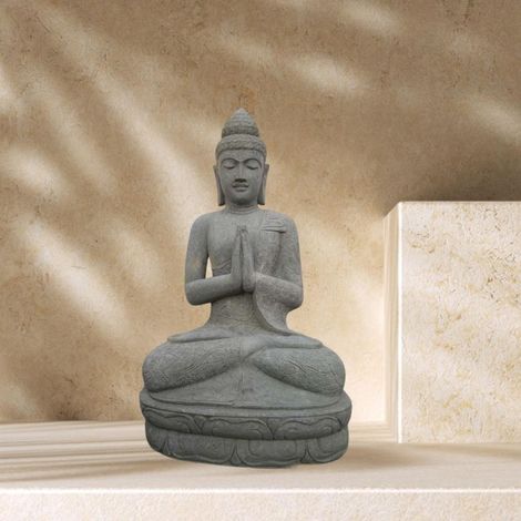 Statue bouddha assis en pierre volcanique prière jardin zen 80cm (1/4)