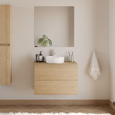 Meuble de salle de bain 70cm avec plateau et vasque à poser ronde - 2 tiroirs - nebraska (chêne clair) - IDA (1/5)