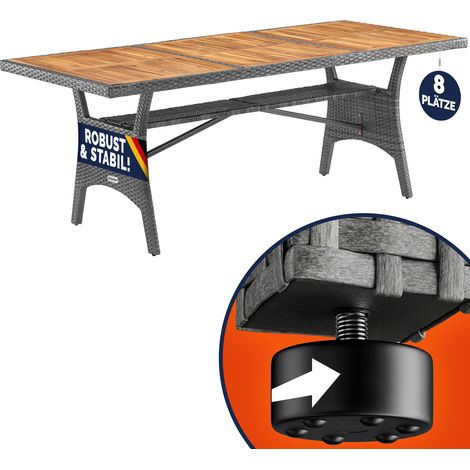 Table de jardin polyrotin 190x90x74 cm plateau en bois d'acacia pré-huilé avec compartiment hauteur réglable résistant aux intempéries Gris (1/5)