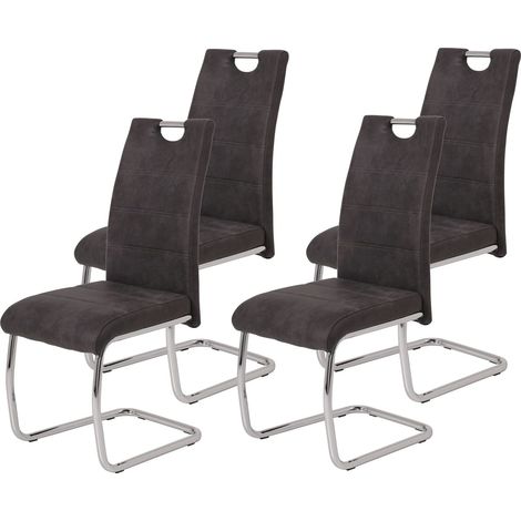 Tische, Lot de 4 chaises Luge pour Cuisine, Microfibre rétro Anthracite, Armature en Tube Rond chromé, Dossier avec poignée (1/5)