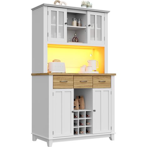 Credenza alta da cucina con ripiani regolabili e LED, mobile contenitore multifunzione per cucina, in MDF, Bianco e Naturale, 106 x 40 x 179,5 cm (1/5)