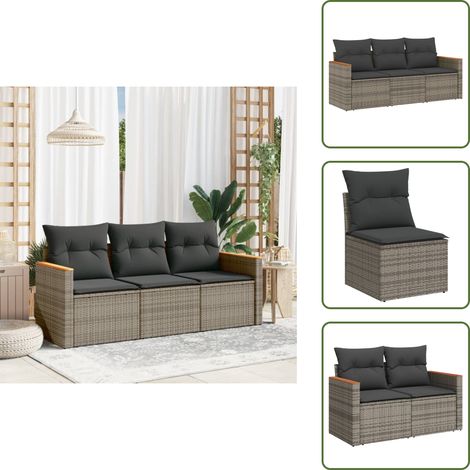 The Living Store 3-tlg. Garten-Sofagarnitur mit Kissen Grau Poly Rattan - Gartenmöbel - Outdoor-Möbel - Rattanmöbel - Lounge Set - Gartensorga
