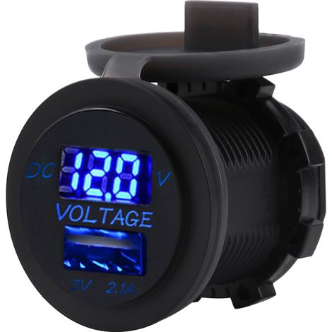Chargeur voiture, prise allume-cigare avec voltmètre moto et bateau (lumière bleue). (1/4)