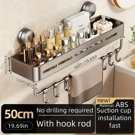 (50 cm carré XP) Étagère murale de rangement en plastique à ventouses, facile à installer, pour ranger shampoing, savon et produits de toilette dans la salle de bain. (1/5)