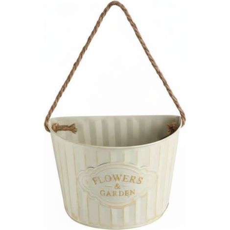 Jardinière Murale Fer Pot Suspendu Corde Solide Revêtement Antirouille Lettrage en Relief Adaptée à la Décoration de Maison Terrasse Jardin Salon, Blanc Cassé, L (1/5)
