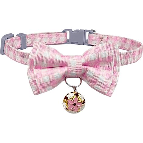 Collier pour Chat avec Nœud et Clochette, Collier Mignon à Détachement Rapide pour Chaton (Plaid Rose) (1/5)