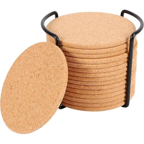 Dessous de verre ronds en liège naturel, lot de 16, avec support de rangement en métal – 5 mm d'épaisseur, absorbants, écologiques, résistants à la chaleur et réutilisables. (1/5)