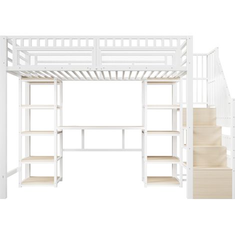 Cama alta 90 x 200 cm de metal y MDF, blanca, con escritorio, almacenaje, LED y USB (1/5)