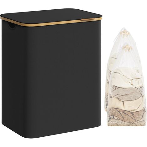 Cesto portabiancheria sottile con coperchio 65 litri salvaspazio fodera in rete rimovibile tessuto Oxford manici in bambù pieghevole nero 120006724