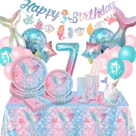 Décoration Anniversaire Sirène 7ans, Fille Anniversaire Sirene Kit, Vaisselle avec Ballons, pour 7 ans Decoration Fille (16 Invités) (1/5)