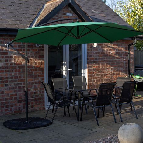 Outdoor 6 Person Rectangular Glass Top Garden Dining Table Chairs With Green Banana Parasol and Base (1/5)
