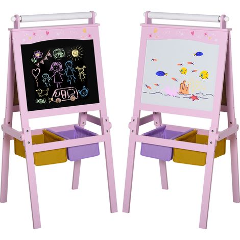 3 en 1 Tableau Enfant - chevalet Enfant - Ardoise Double Face - Tableau Blanc Tableau à Craie - Rouleau Papier avec accessoires + paniers Rangement intégrés - MDF Rose