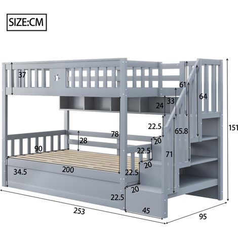 Letto a castello alto in legno grigio con contenitore e scala, 253 x 95 x 151 cm, HOMVRA (1/2)
