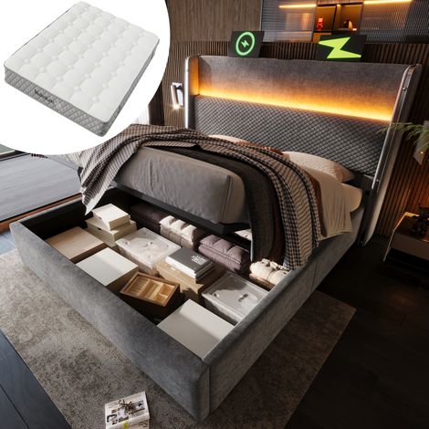 Letto contenitore moderno 140x200 cm con testiera alta, LED, USB/Type-C, rivestimento effetto lino grigio, con materasso (1/5)