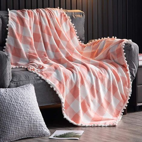 Couverture en Molleton avec Frange à Pompons, Jeté en Flanelle à Carreaux Rouge et Noir à Carreaux Buffalo pour canapé-lit adapté à Toutes Les Saisons (Rose et Blanc, 130x 150cm)