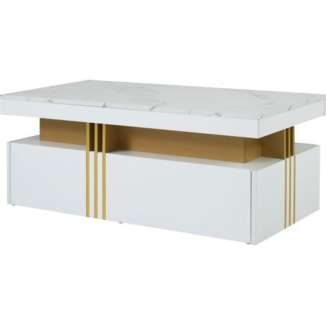 Moderner rechteckiger Couchtisch Weiß Hochglanz mit 2 Schubladen, Marmoreffekt, 100x50x40 cm (1/5)