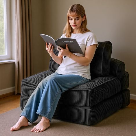 Fabulcozy Canapé Droit 1 Place, 4-en-1 Canapé Convertible Pliable Tissu Côtelé avec Soutien Lombaire Réglable et Appui-Tête à Sangles, Idéal pour Petits Espaces, Salon ou Chambre (Noir) (1/5)