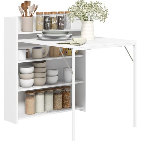 Esstisch Klappbar Küchentisch mit 4-stufigen Regalen für 3 Personen, Klapptisch mit Anti-Kipp-Schutz für kleine Räume, Küche, Esszimmer, 80 x 90 x 93 cm, Weiß