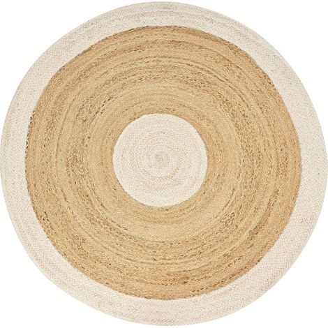 Tapis Rond en Jute Tressé Beige et Blanc ø 140 cm Fait Main de Style Bohème Yayalar